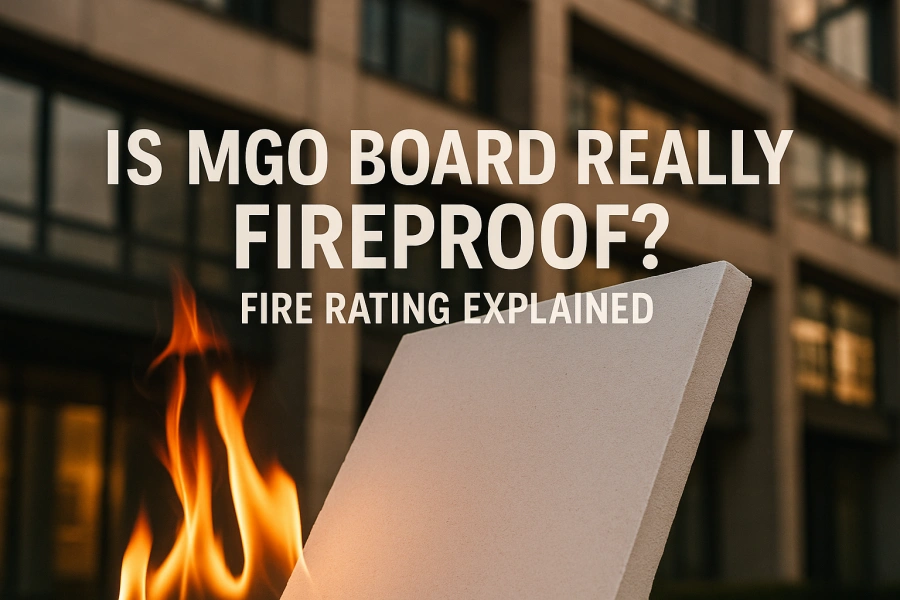 A mgo board on fire and text showing Is MGO Board Really Fireproof? Fire Rating Explained