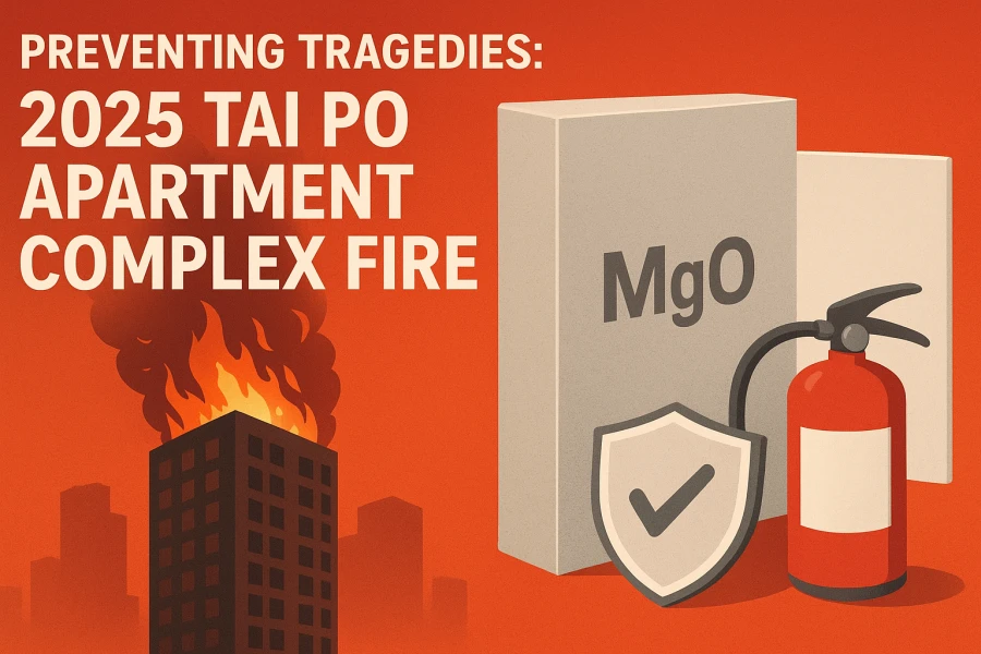 Illustration of a high-rise building fire with fire safety measures, highlighting fire-resistant materials like magnesium oxide board (MgO board)