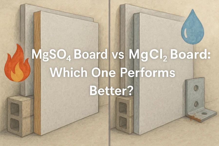 Alt Text: Comparison of MgSO4 board and MgCl2 board showing fire resistance, moisture tolerance, and corrosion protection for construction applications.
