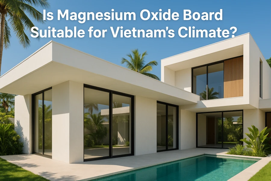 Cover image for article "Is Magnesium Oxide Board Suitable for Vietnam’s Climate?" showing Magnesium Oxide (MgO) boards installed on walls and ceiling of a tropical residential building in Vietnam, emphasizing fire-resistant and moisture-proof properties.