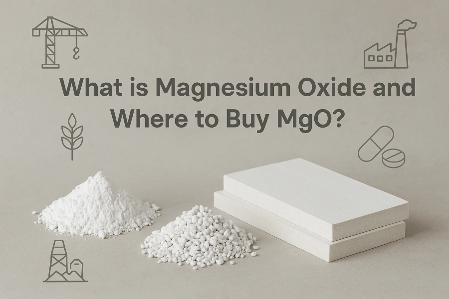 Magnesium oxide (MgO) in powder, granules, and board forms, illustrating applications in construction, industry, agriculture, and pharmaceuticals. Educational article cover image.