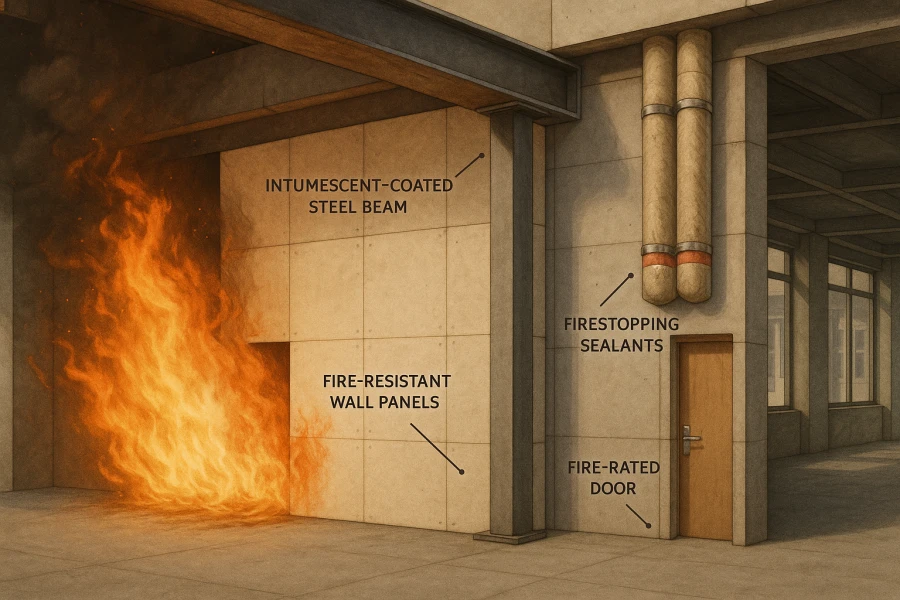 Illustration of a modern building highlighting five passive fire protection materials, including fire-resistant boards, intumescent coatings, fireproof insulation, firestopping sealants, and fire-rated doors, demonstrating fire safety measures.
