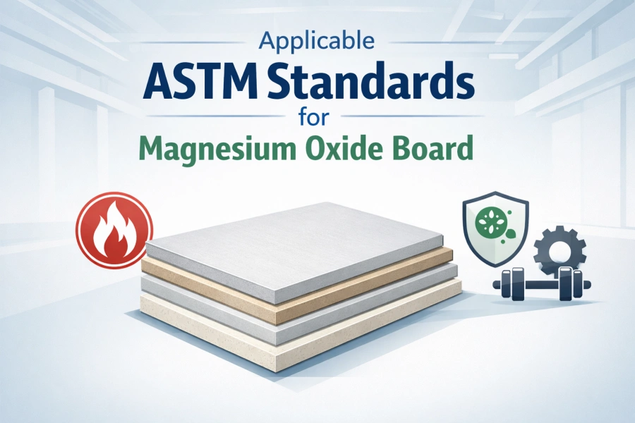 Infographic-style cover showing magnesium oxide boards with icons for fire, mold, and strength, titled "Applicable ASTM Standards for Magnesium Oxide Board"