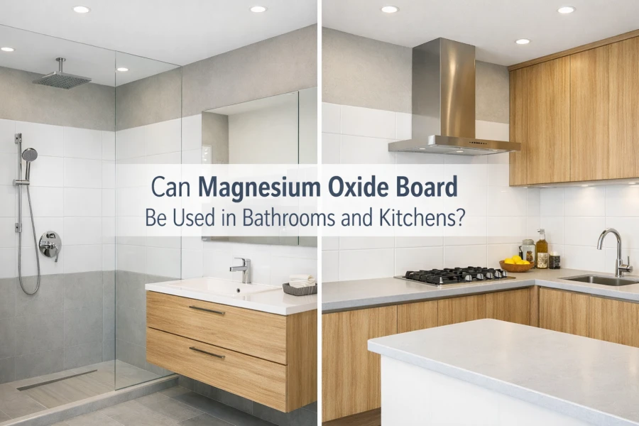 Magnesium oxide (MgO) board used as wall backing in modern bathroom and kitchen interiors, highlighting moisture resistance and durability.