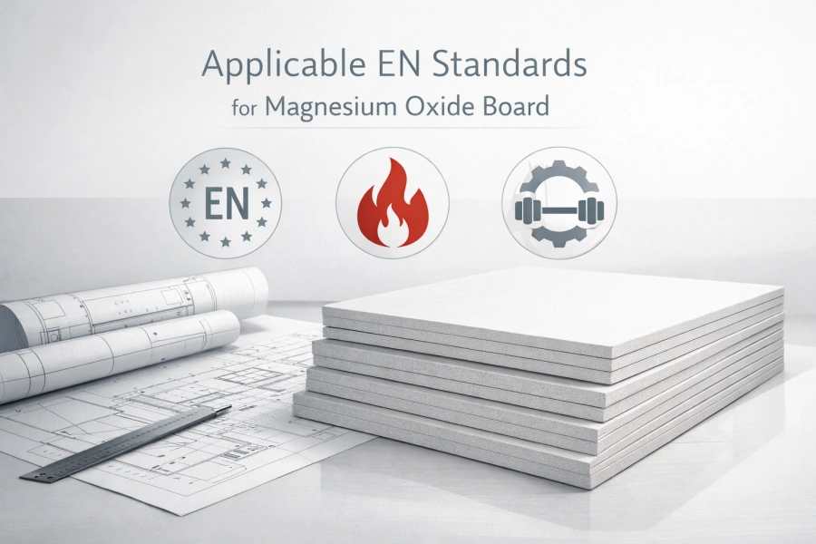 Professional illustration of magnesium oxide boards with blueprints and European EN standards icons, highlighting fire safety and mechanical performance for construction applications.