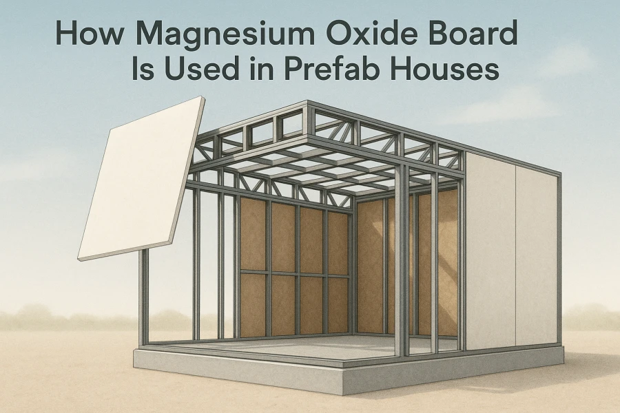 Illustration of a prefab house module using magnesium oxide boards with title “How Magnesium Oxide Board Is Used in Prefab Houses”.