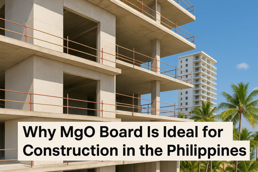 High-rise building in the Philippines with MgO boards installed on walls and ceilings, showcasing fire-resistant and moisture-proof building materials, with title 'Why MgO Board Is Ideal for Construction in the Philippines' on image.