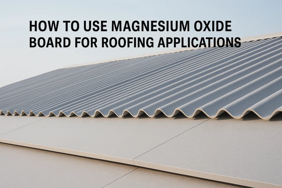 Flat MgO boards and corrugated MgO roofing sheets installed on a roof, showing substrate and exposed roofing applications.
