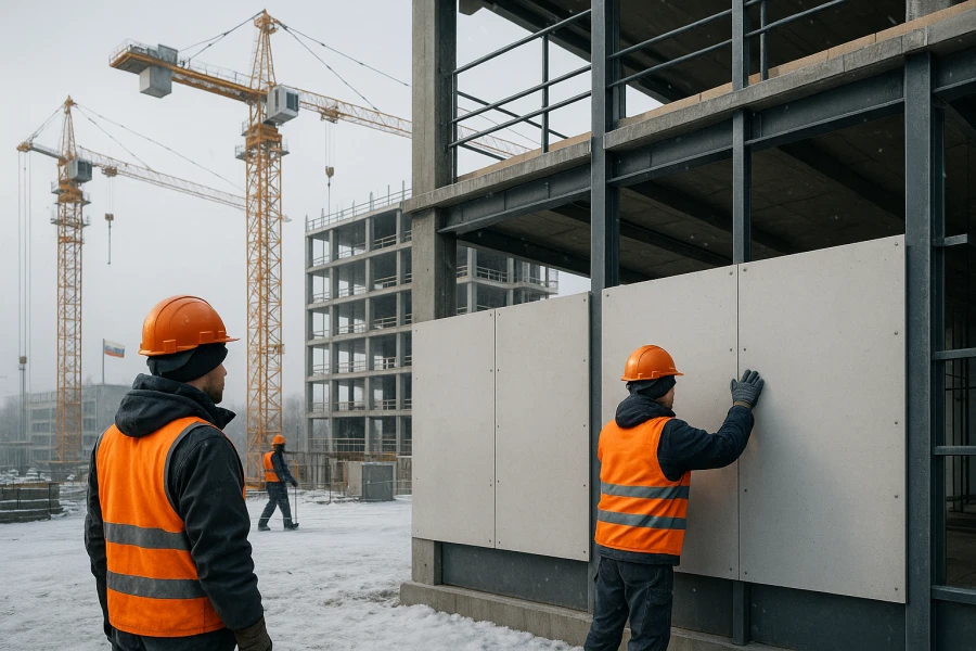 Construction site in Russia showing MgO board installation on building structures in a cold winter setting.