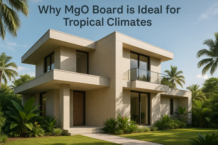 Modern tropical residential building featuring Magnesium Oxide (MgO) boards on walls and ceilings, highlighting fireproof and moisture-resistant construction materials, with space for article title "Why MgO Board is Ideal for Tropical Climates"