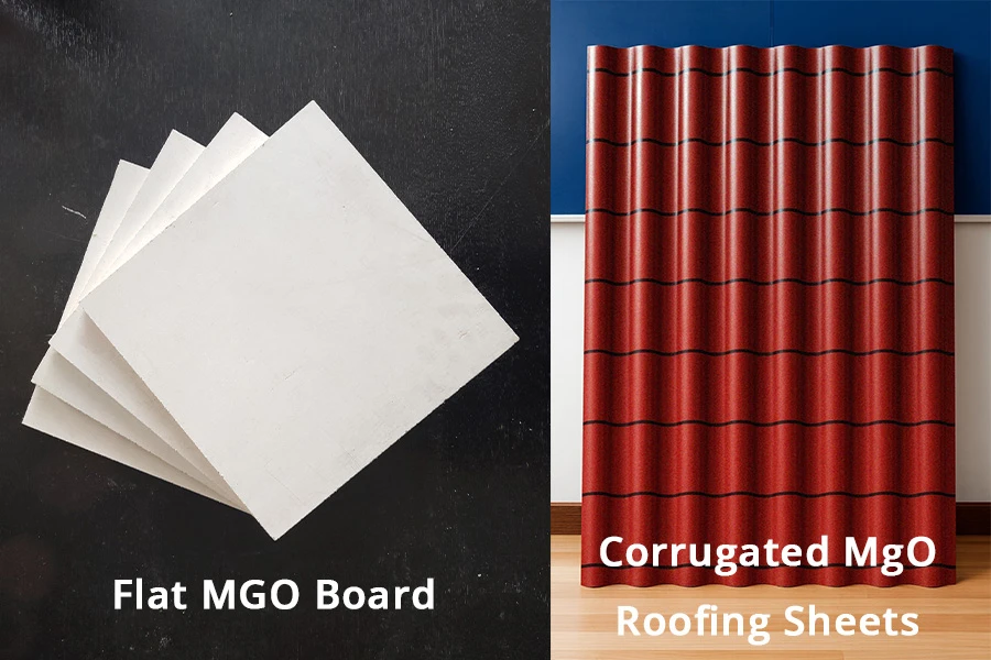 Comparison image showing two types of Magnesium Oxide materials: a flat white MgO board on a dark background labeled “Flat MgO Board,” and a red corrugated MgO roofing sheet labeled “Corrugated MgO Roofing Sheets.”