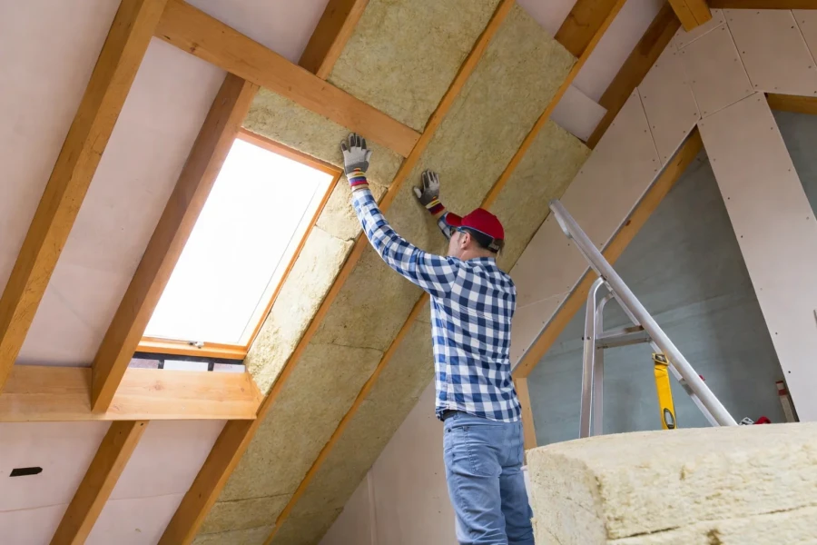A worker installing mineral wool insulation boards in an attic roof