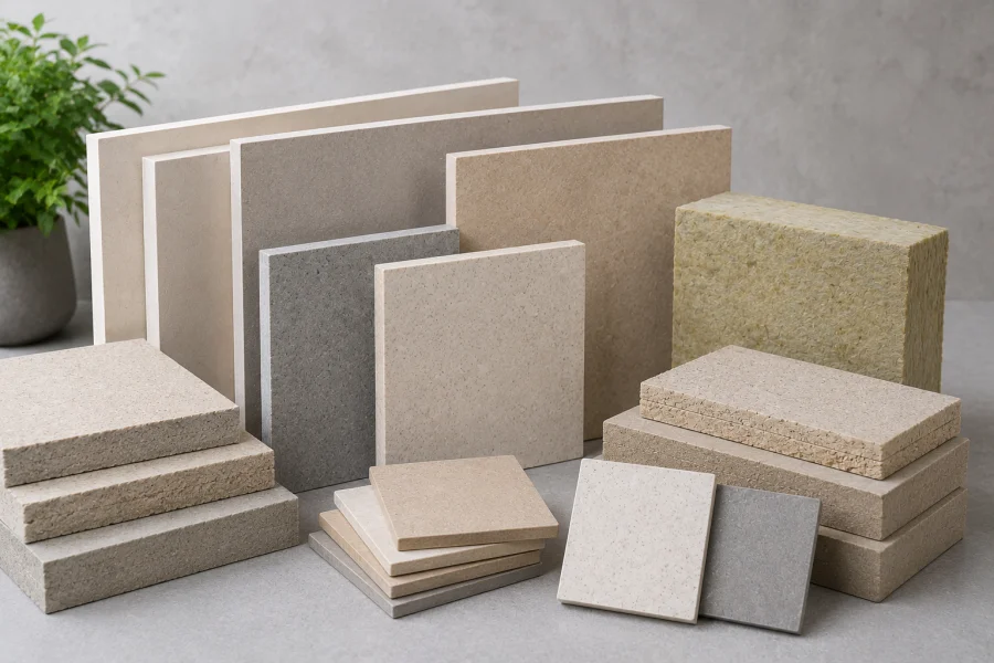 Collection of heat proof and heat resistant building materials including MgO board, calcium silicate board, fiber cement board, mineral wool, vermiculite board, ceramic materials, and gypsum board