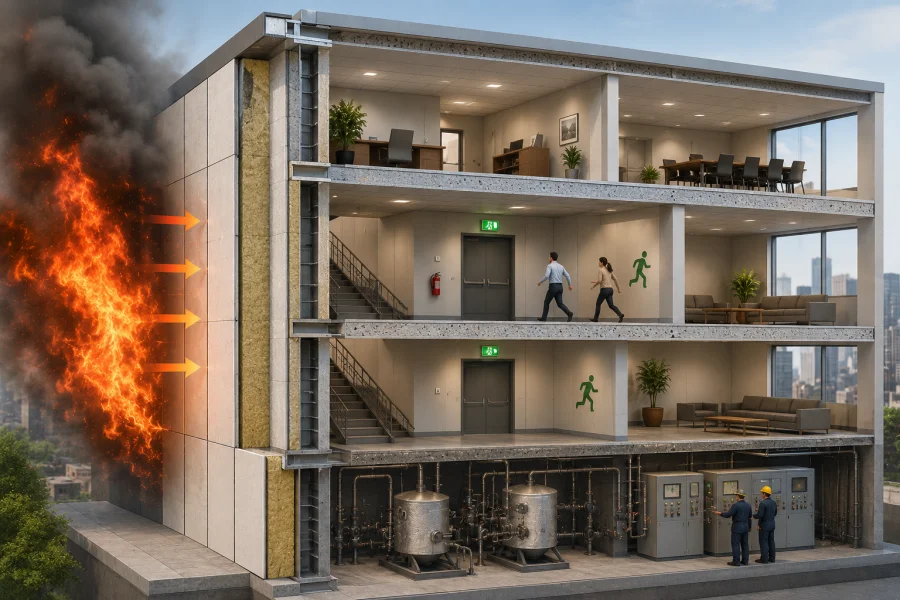 Cross-section of a modern commercial building protected by heat resistant and fireproof building materials, showing fire containment, thermal insulation, occupant safety, and industrial equipment protection