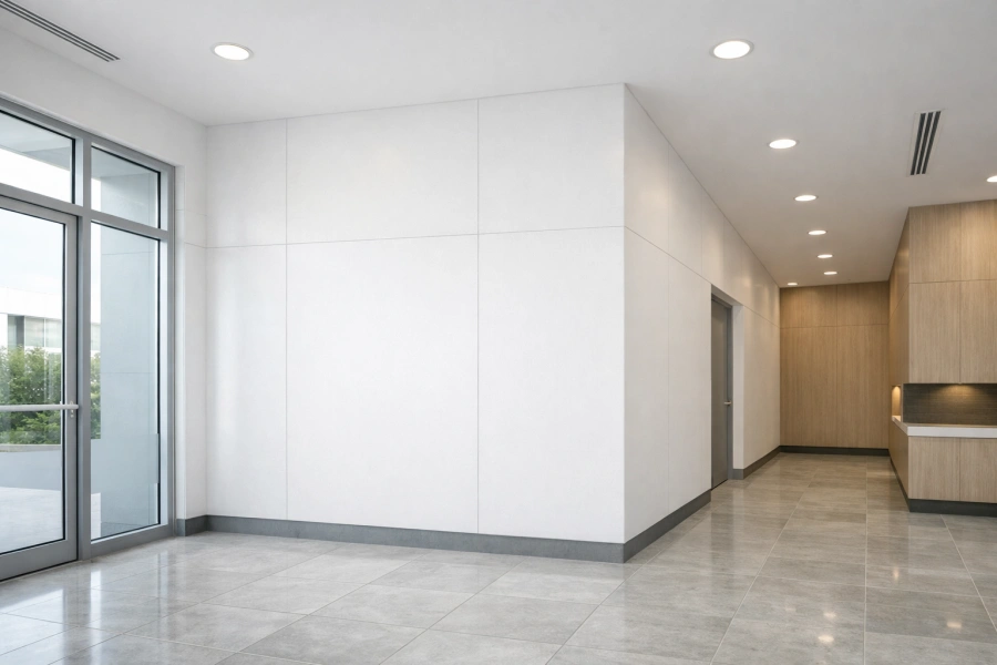 Magnesium oxide (MgO) boards installed as heat proof and heat resistant wall panels in a modern commercial interior