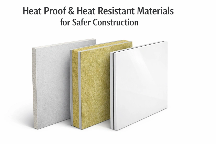MgO boards, mineral wool, and ceramic panels standing upright on a white background, labeled above with the title "Heat Proof & Heat Resistant Materials for Safer Construction"