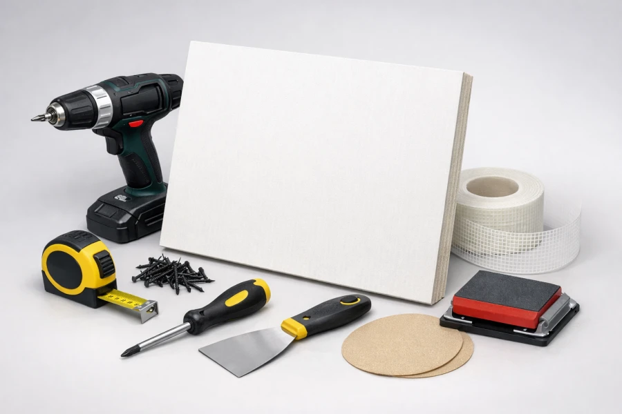 White magnesium oxide (MgO) board slightly tilted in side perspective, surrounded by installation tools including drill, screws, screwdriver, measuring tape, putty knife, joint tape