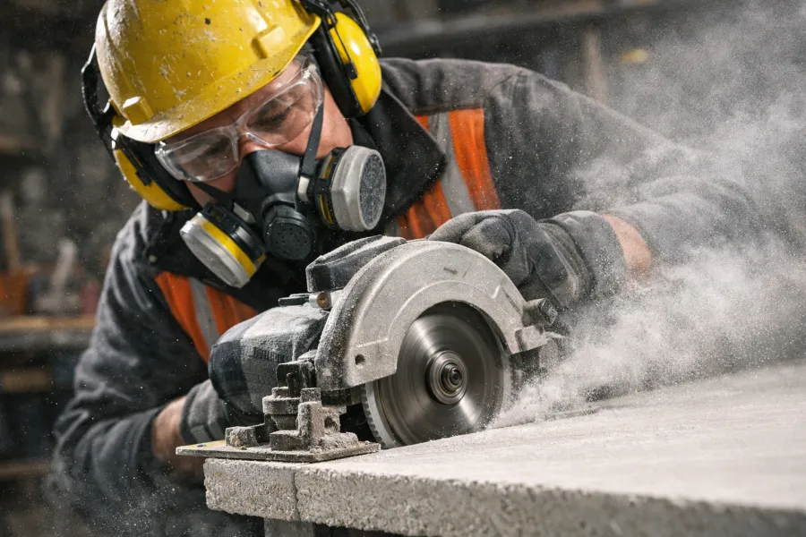 cutting magnesium oxide board with a circular saw using a diamond blade during construction
