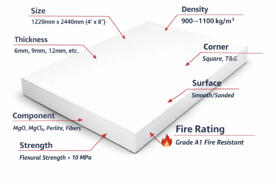 Magnesium oxide (MgO) board technical specifications diagram showing size, thickness, density, square and T&G edges, smooth/sanded surface, components, strength, and A1 fire rating