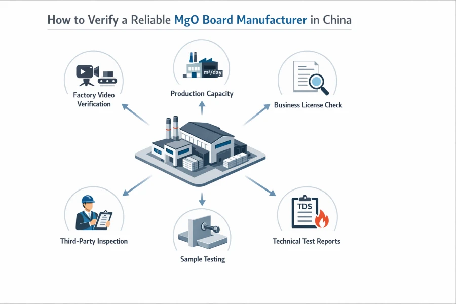 Infographic showing how to verify a reliable MgO board manufacturer in China, including factory video verification, production capacity, business license check, technical test reports, sample testing, and third-party inspection