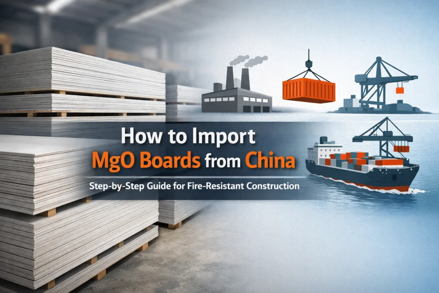 Horizontal cover image showing stacks of Magnesium Oxide (MgO) boards on the left and simplified international logistics icons (factory, truck, cargo ship, port) on the right, with the title 'How to Import MgO Boards from China' and subtitle 'Step-by-Step Guide for Fire-Resistant Construction', in a modern industrial color scheme of gray, blue, white, and orange accents.