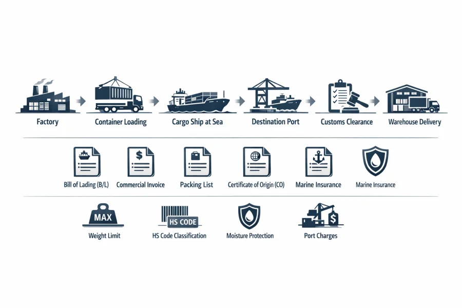 MgO board export logistics process showing factory production, container loading, ocean shipping, customs clearance, and key documents including Bill of Lading, Packing List, and Certificate of Origin