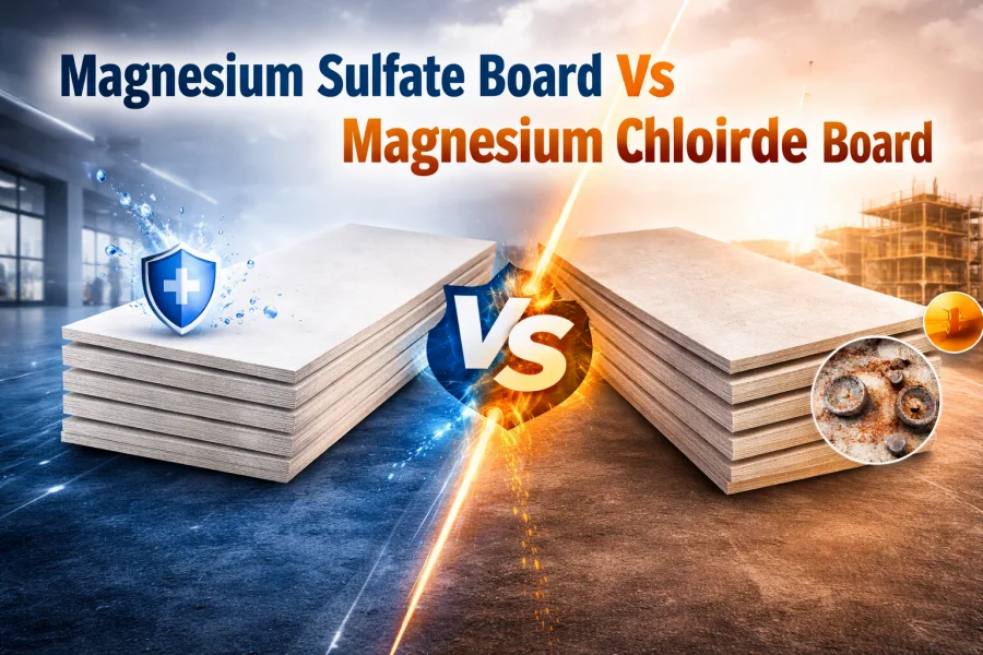 Magnesium Sulfate Board vs Magnesium Chloride Board comparison banner showing two MgO boards side by side with construction background