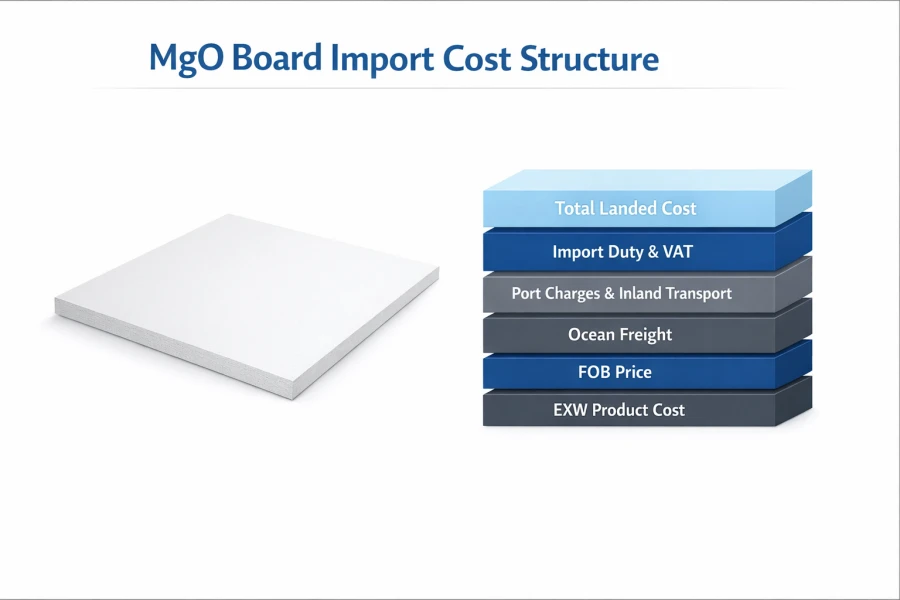 Infographic showing a magnesium oxide board on the left and a layered total landed cost breakdown on the right, including EXW cost, FOB price, ocean freight, port charges, import duty, and final landed cost.