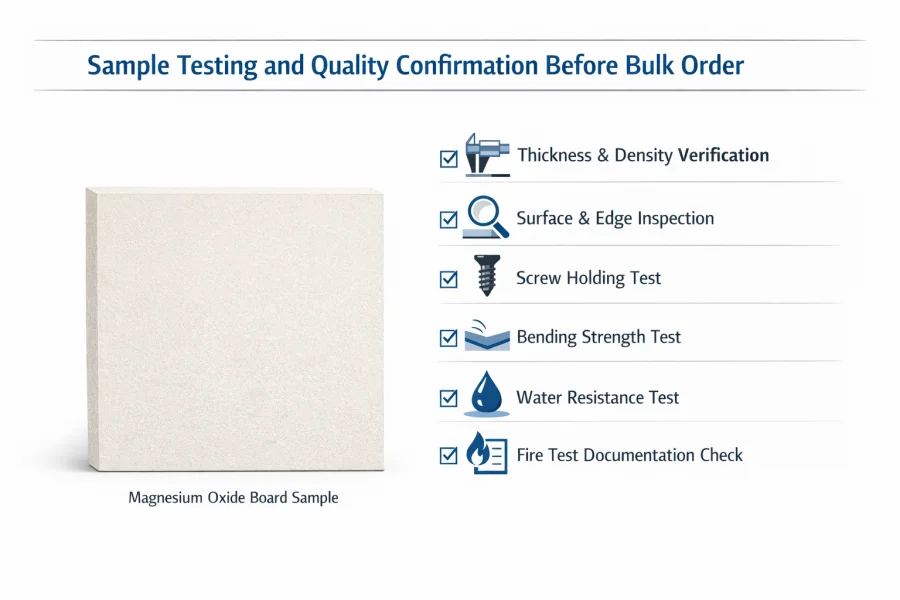 Sample testing checklist for magnesium oxide board before bulk order, showing thickness verification, screw holding test, bending strength test, water resistance check, surface inspection, and fire rating documentation review.