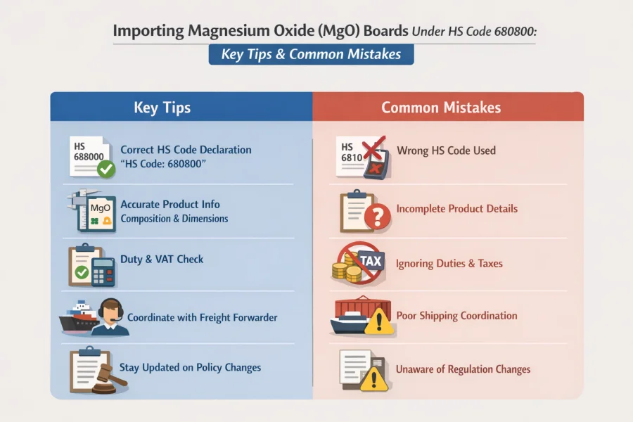 Infographic showing key tips and common mistakes for importing magnesium oxide boards, including HS code declaration, product info, duties, freight coordination, and policy awareness.