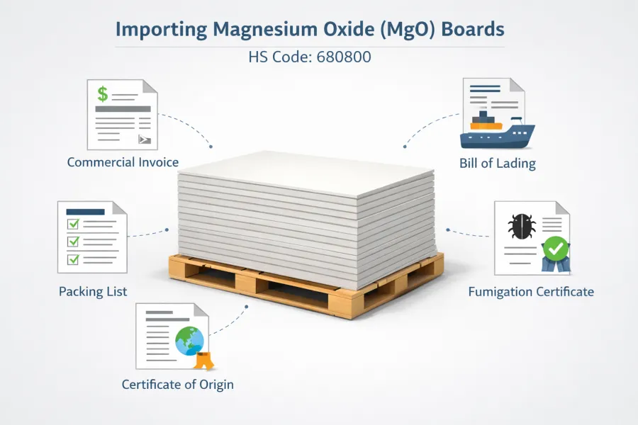Infographic of magnesium oxide boards with key import documents including invoice, packing list, bill of lading, certificate of origin, and fumigation certificate for customs clearance.