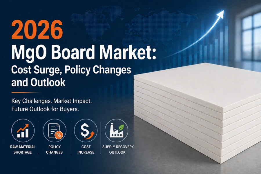 Stack of white MgO boards with tight spacing representing 2026 market trends including rising costs and policy changes