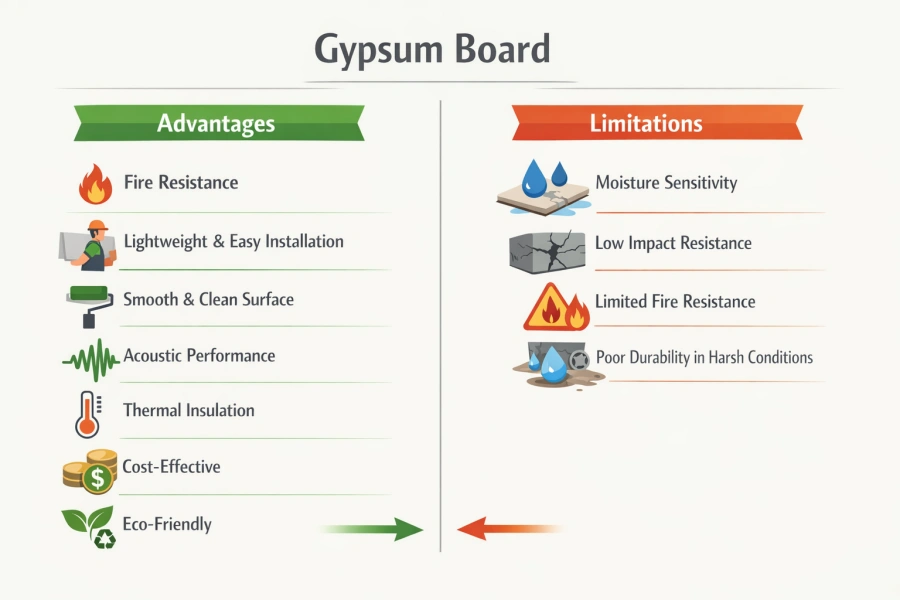 Comparison of gypsum board advantages and limitations, showing fire resistance, lightweight installation, smooth surface, acoustic performance, and eco-friendly benefits versus moisture sensitivity, low impact resistance, and durability limitations