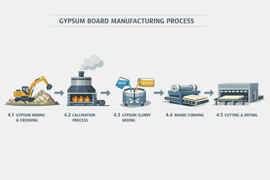 Gypsum board manufacturing process showing gypsum mining, calcination, slurry mixing, board forming, cutting, and drying stages in an industrial factory