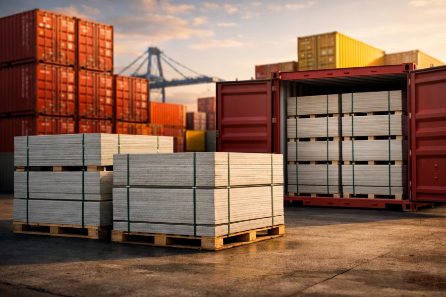 Magnesium oxide board container loading guide showing pallet arrangement inside a shipping container