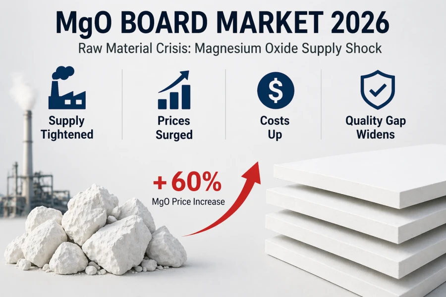 Minimalist infographic of MgO board market 2026 showing white magnesium oxide boards, MgO raw material, and key trends: supply tightened, prices surged (+60%), costs up, and widening quality gap.