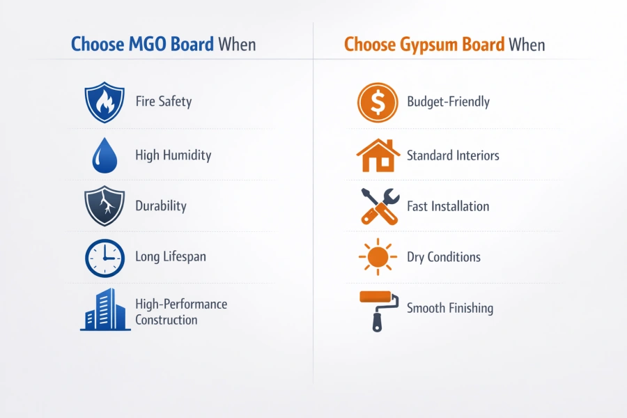 When to choose MGO board vs gypsum board infographic showing fire safety, moisture resistance, durability and cost considerations