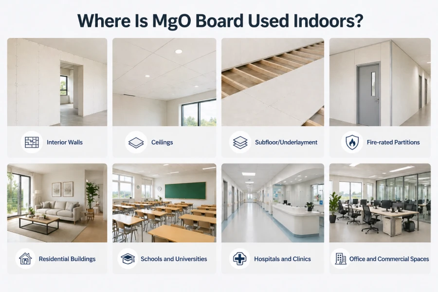 infographic showing indoor applications of magnesium oxide board including walls, ceilings, subfloor systems, fire-rated partitions, and residential, school, hospital, and office environments