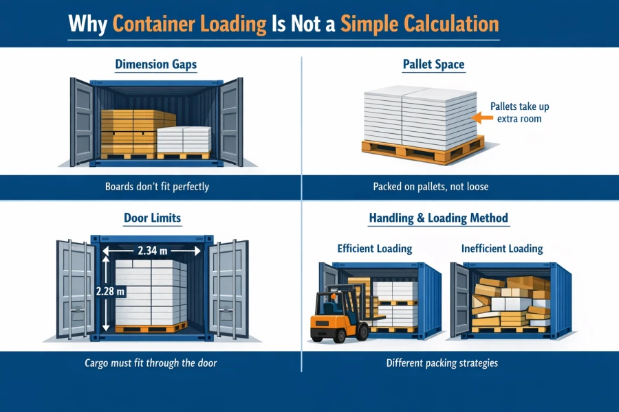 A clean, professional 2x2 grid infographic titled “Why Container Loading Is Not a Simple Calculation,” illustrating four factors affecting container loading: dimension gaps with partially filled pallets in an open container, pallet space with boards stacked on a wooden pallet and an arrow pointing to the pallet, door limits showing container door width (2.34 m) and height (2.28 m), and handling methods comparing efficient and inefficient loading, using a modern flat design in blue and orange with white MgO boards and clear industrial visuals.