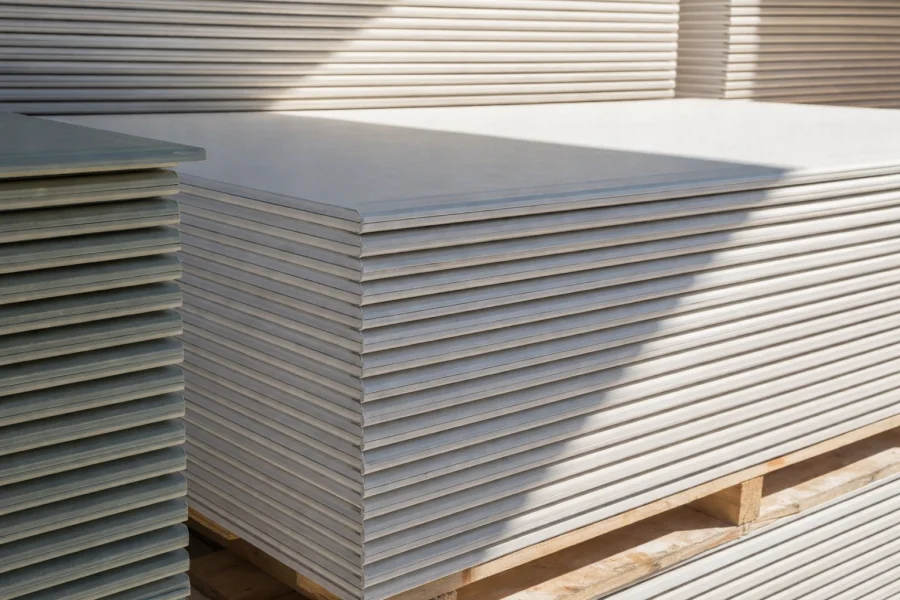 gypsum boards stacked on the wooden pallet