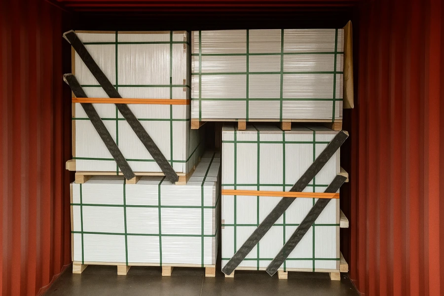 The horizontal pallets and vertical pallets loaded with magnesium oxide boards are arranged alternately inside the container