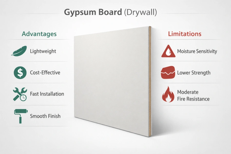 Gypsum board (drywall) advantages and limitations infographic showing lightweight, cost efficiency, smooth finish and moisture sensitivity