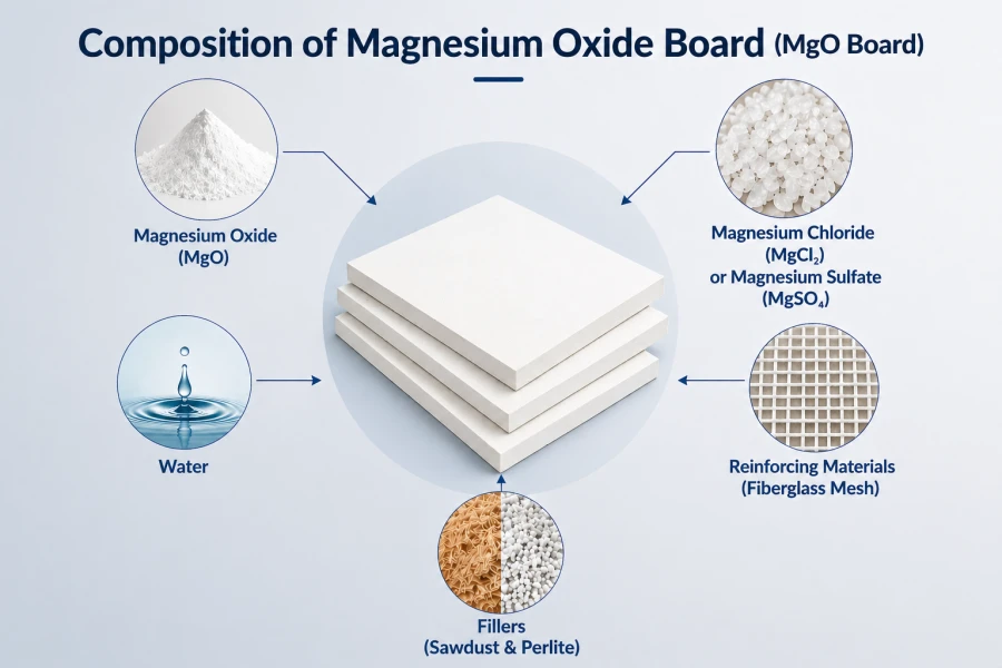 infographic showing the composition of magnesium oxide board with magnesium oxide, magnesium chloride or sulfate, water, fiberglass mesh, and natural fillers around a uniform off-white MgO board panel