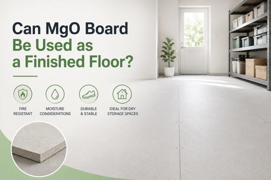 Minimalist cover image showing a clean storage room with exposed magnesium oxide board flooring, industrial shelves, and soft natural lighting. The design highlights MgO board as a potential finished floor option for dry indoor spaces, emphasizing fire resistance, durability, and moisture considerations.