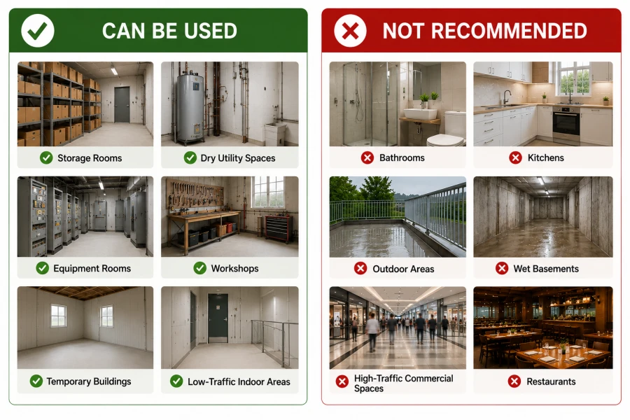 Infographic comparing suitable and unsuitable applications for exposed MgO board flooring. The left green section shows acceptable low-traffic indoor spaces such as storage rooms, dry utility spaces, equipment rooms, workshops, temporary buildings, and low-traffic indoor areas. The right red section shows unsuitable environments including bathrooms, kitchens, outdoor areas, wet basements, high-traffic commercial spaces, and restaurants.