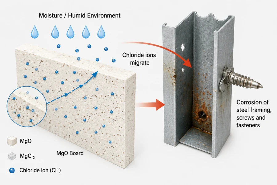 Diagram showing chloride ion migration and corrosion mechanism in a magnesium oxide (MgO) board. A porous off-white MgO board absorbs moisture in a humid environment while blue chloride ions migrate through the board toward galvanized steel framing and a screw fastener. Arrows illustrate ion movement leading to corrosion and rust formation on metal components.