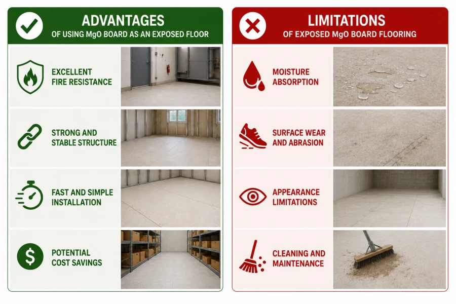 Infographic comparing the advantages and limitations of using exposed MgO board as flooring. The green left section highlights benefits including excellent fire resistance, strong and stable structure, fast and simple installation, and potential cost savings. The red right section shows limitations such as moisture absorption, surface wear and abrasion, appearance limitations, and cleaning and maintenance challenges.