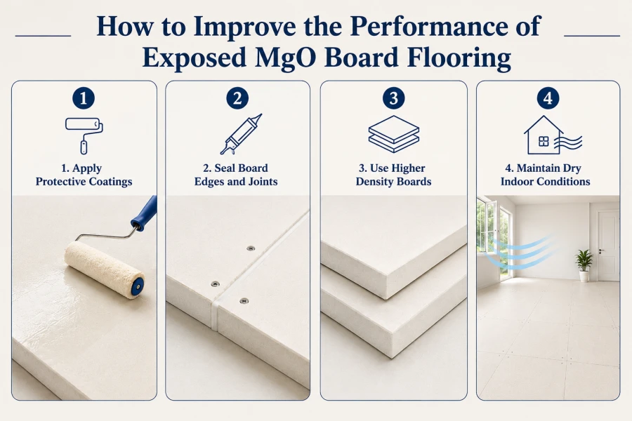 Infographic showing four methods to improve the performance of exposed MgO board flooring on a clean beige background. The four sections include applying protective coatings, sealing board edges and joints, using higher-density MgO boards, and maintaining dry indoor conditions. Each section features a simple icon and realistic images of off-white MgO board flooring and panels.