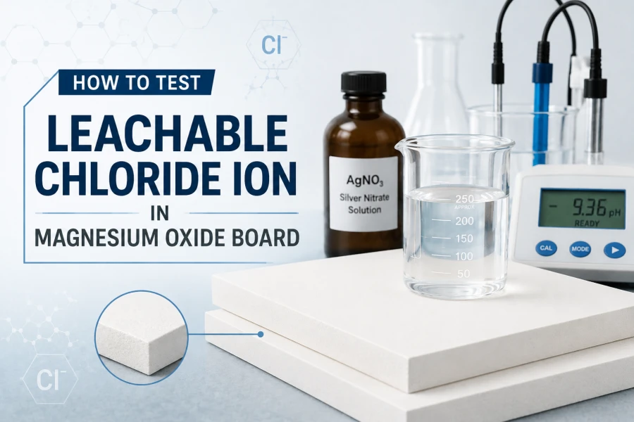 A professional laboratory-themed cover image showing leachable chloride ion testing in magnesium oxide board, featuring smooth ivory MgO panels, laboratory glassware, silver nitrate solution, and a digital testing device in a clean modern scientific setting.