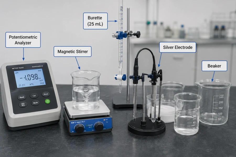 Laboratory setup for leachable chloride ion testing in magnesium oxide (MgO) board, showing a potentiometric analyzer, magnetic stirrer, burette, silver electrode, and glass beakers arranged on a laboratory bench for potentiometric titration analysis.